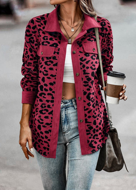 Leopard lapel jacket for women with button closure