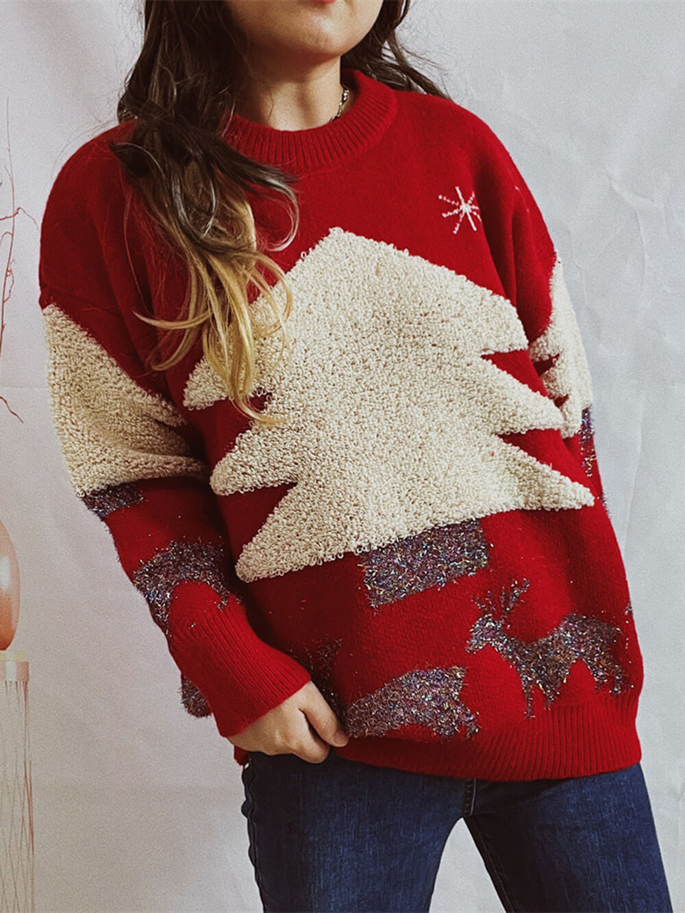 Women's cozy Christmas tree and reindeer sweater