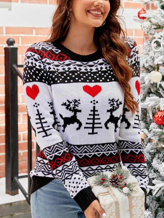 Women's holiday fair isle sweater with reindeer and heart pattern