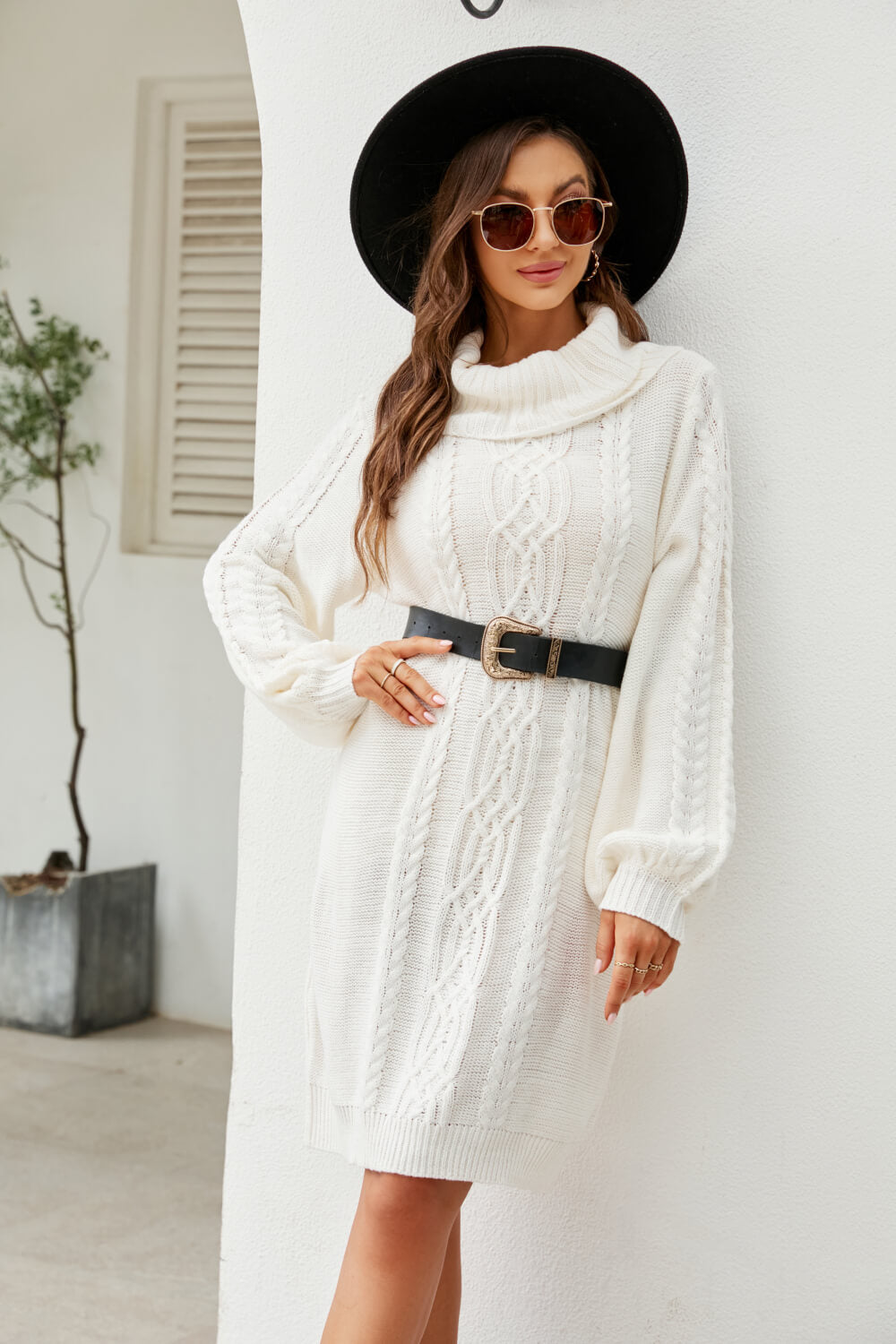 Bianka - mixed knit turtleneck lantern sleeve sweater dress