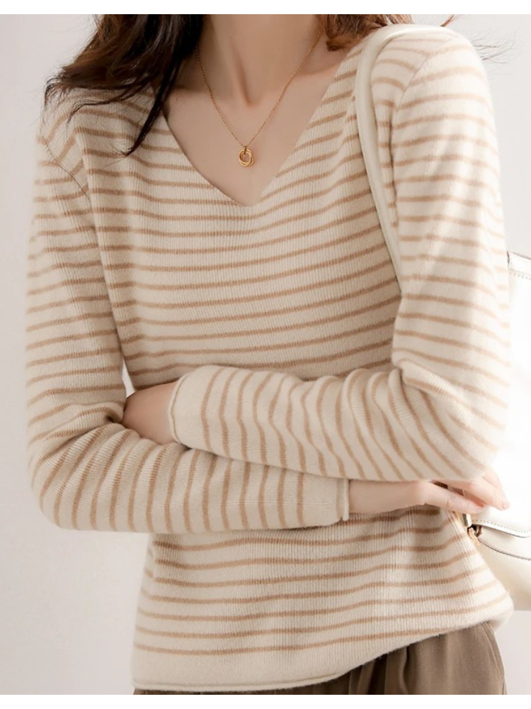 Casual striped women's sweater with v neck