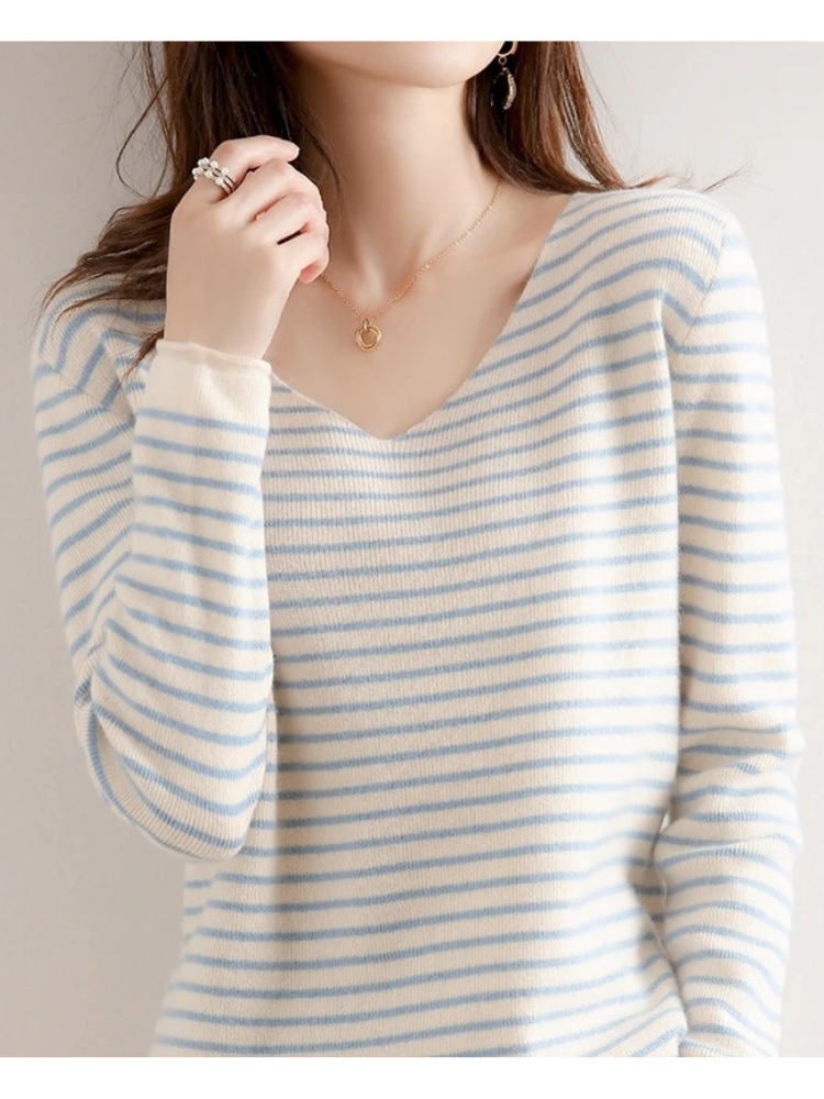 Casual striped women's sweater with v neck