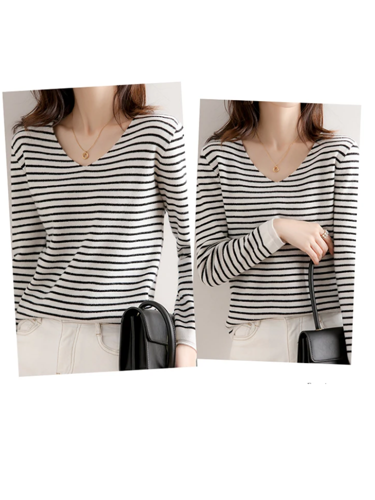 Casual striped women's sweater with v neck