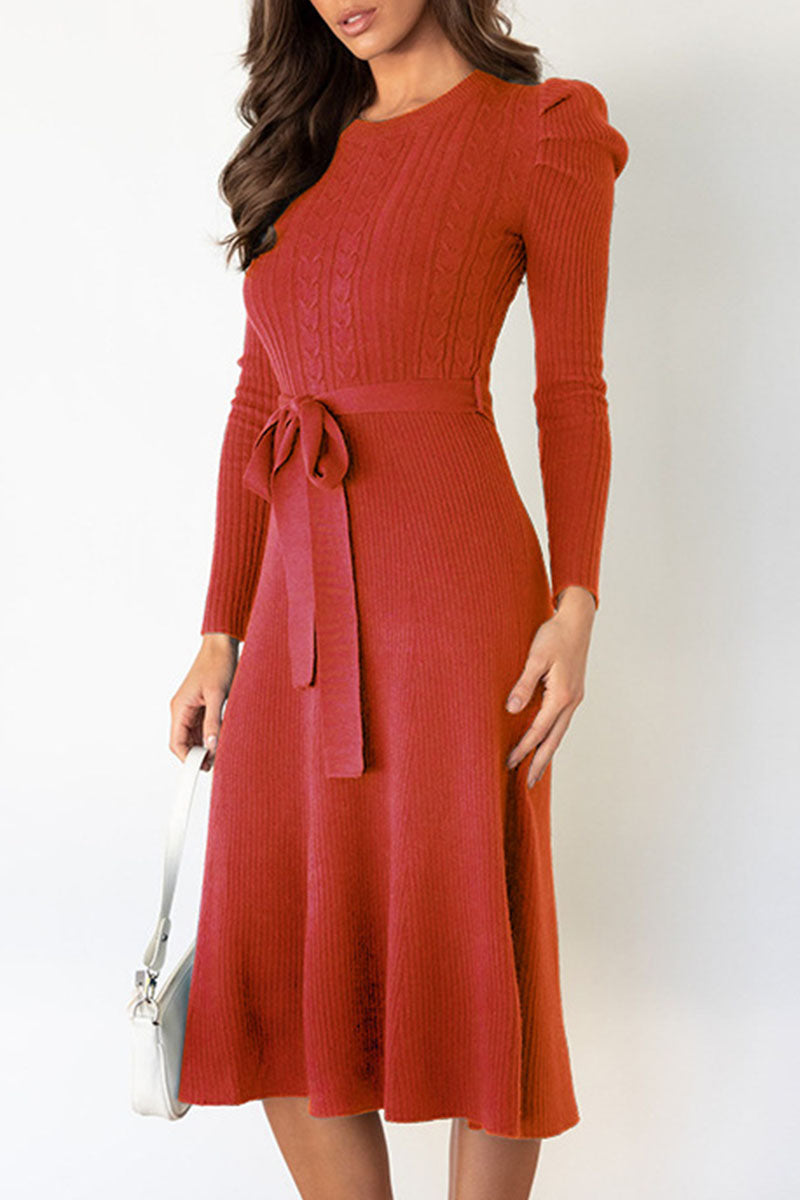 Beatrice - elegant long sleeve knitted flared dress with belt