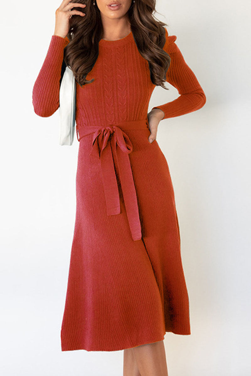 Beatrice - elegant long sleeve knitted flared dress with belt