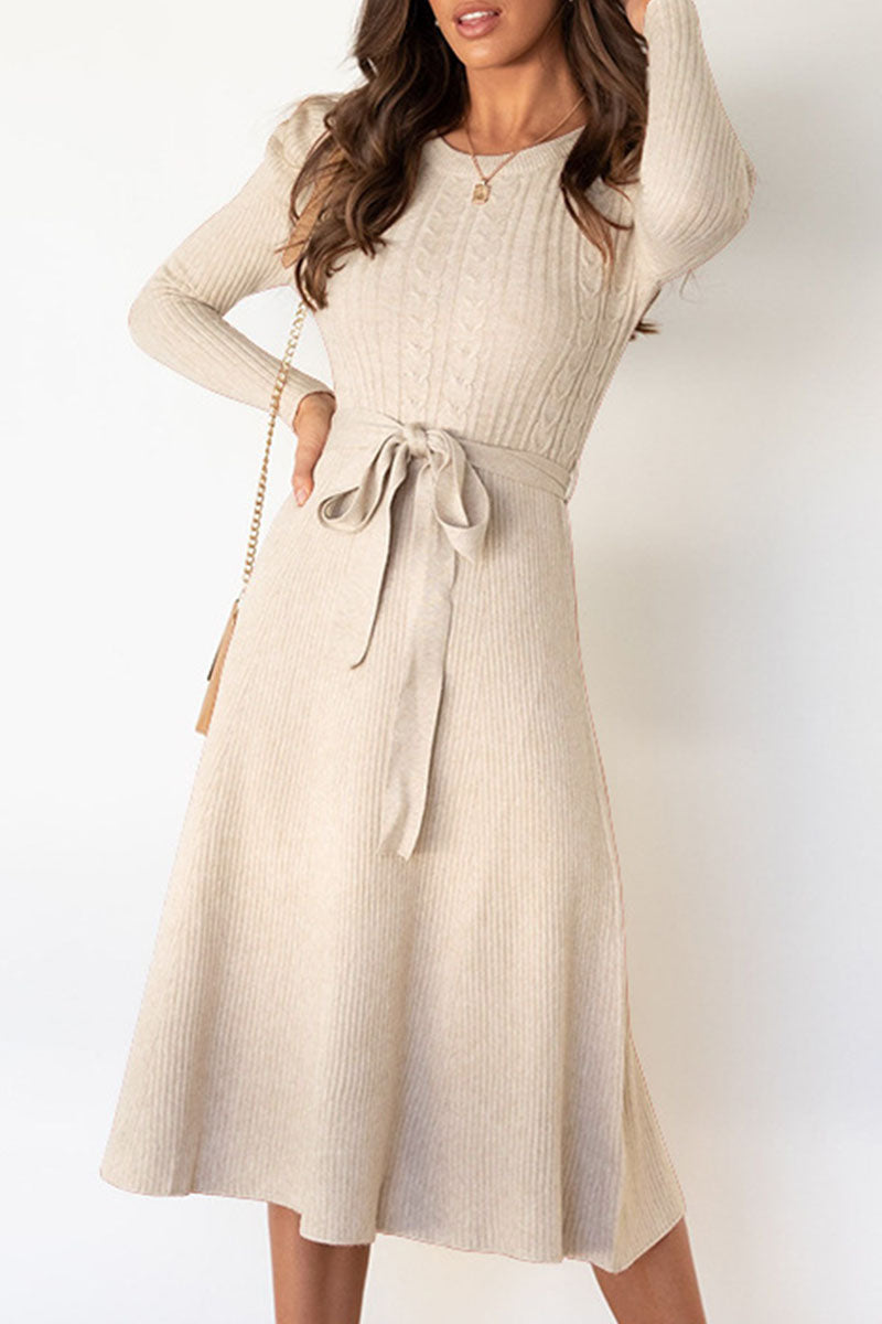 Beatrice - elegant long sleeve knitted flared dress with belt