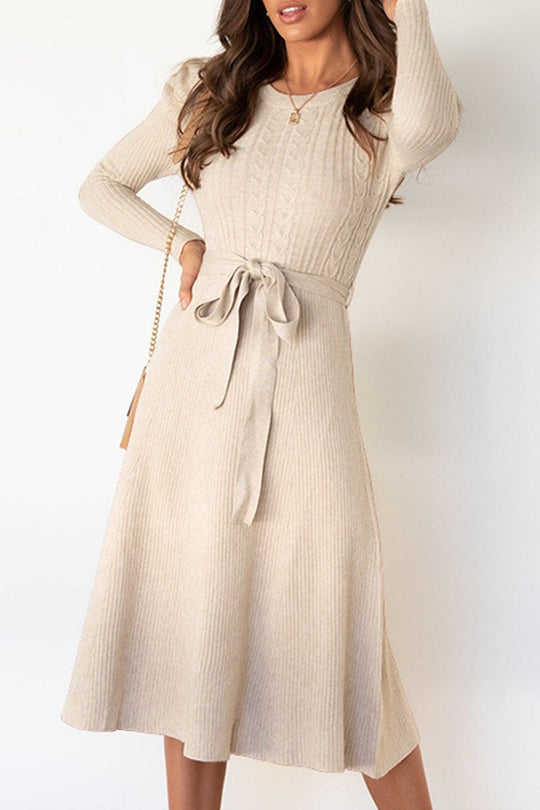 Beatrice - elegant long sleeve knitted flared dress with belt