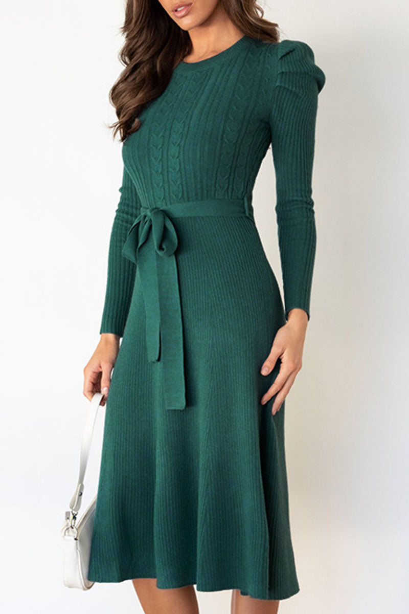 Beatrice - elegant long sleeve knitted flared dress with belt