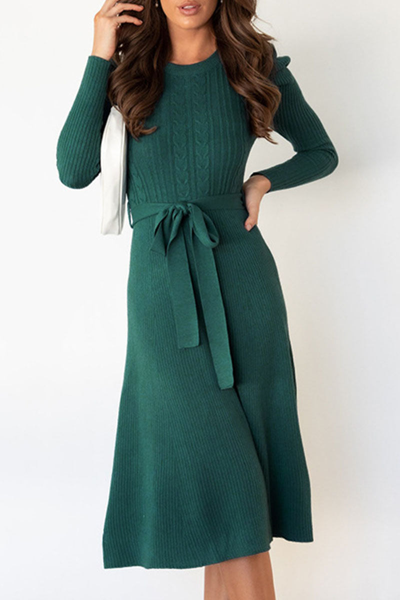 Beatrice - elegant long sleeve knitted flared dress with belt