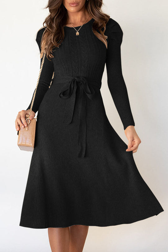 Beatrice - elegant long sleeve knitted flared dress with belt