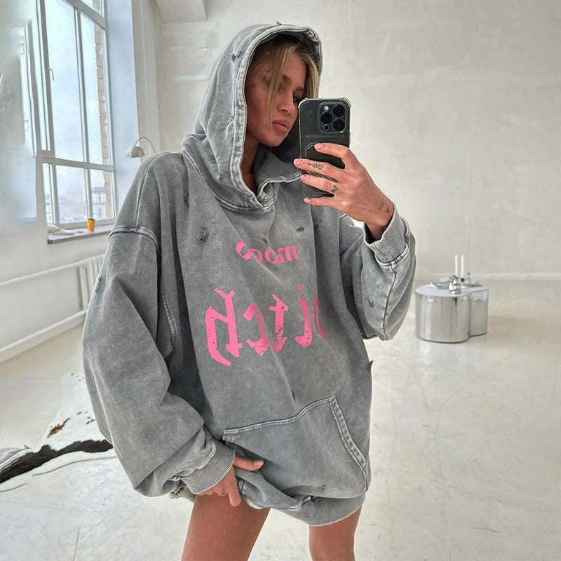 Elle - Oversized loose hoodie with printed text for women