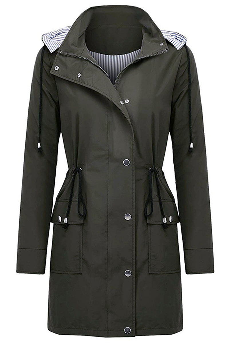 Hooded outdoor jacket for women with button closure