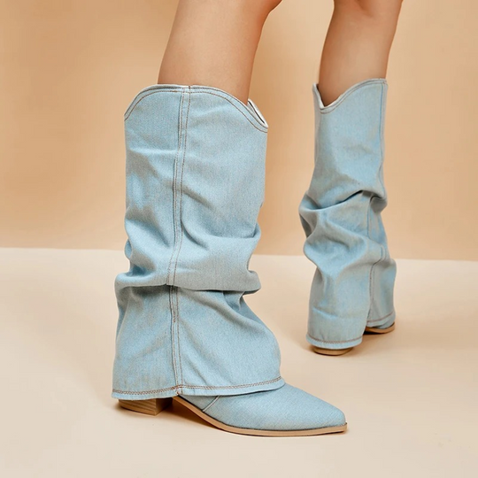 Andrea - Pleated Block Denim Boots