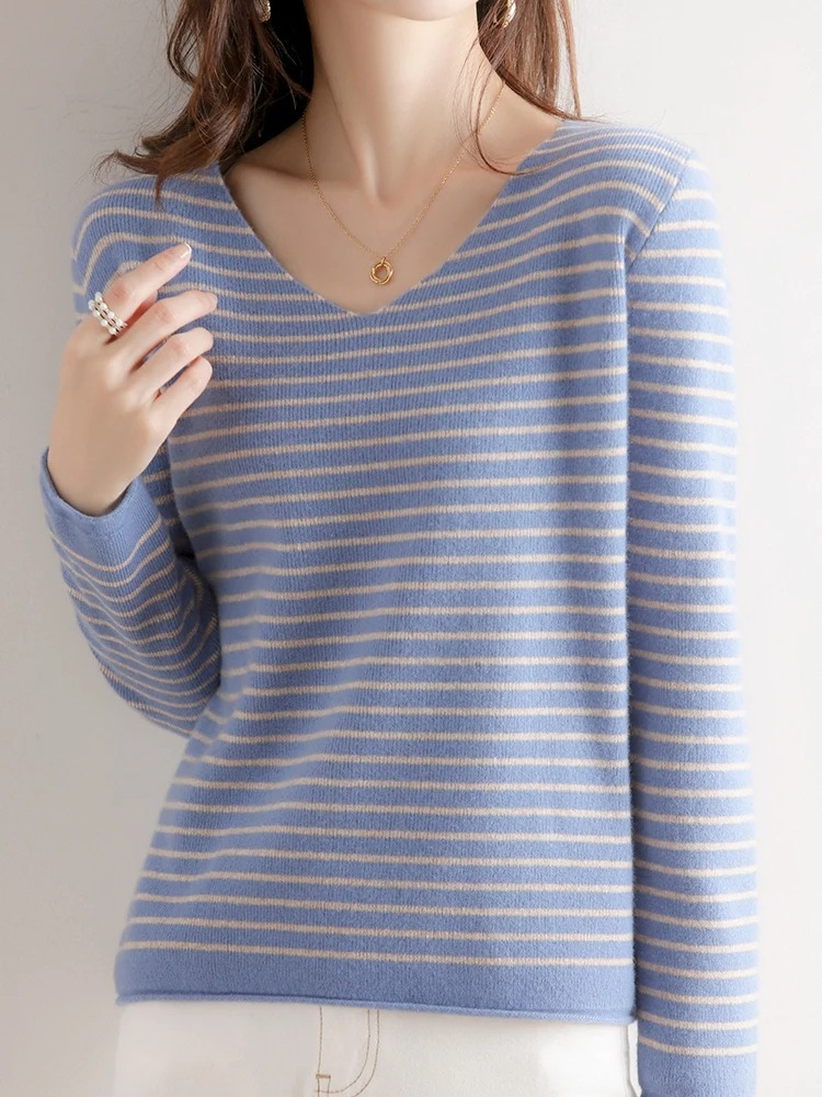 Casual striped women's sweater with v neck