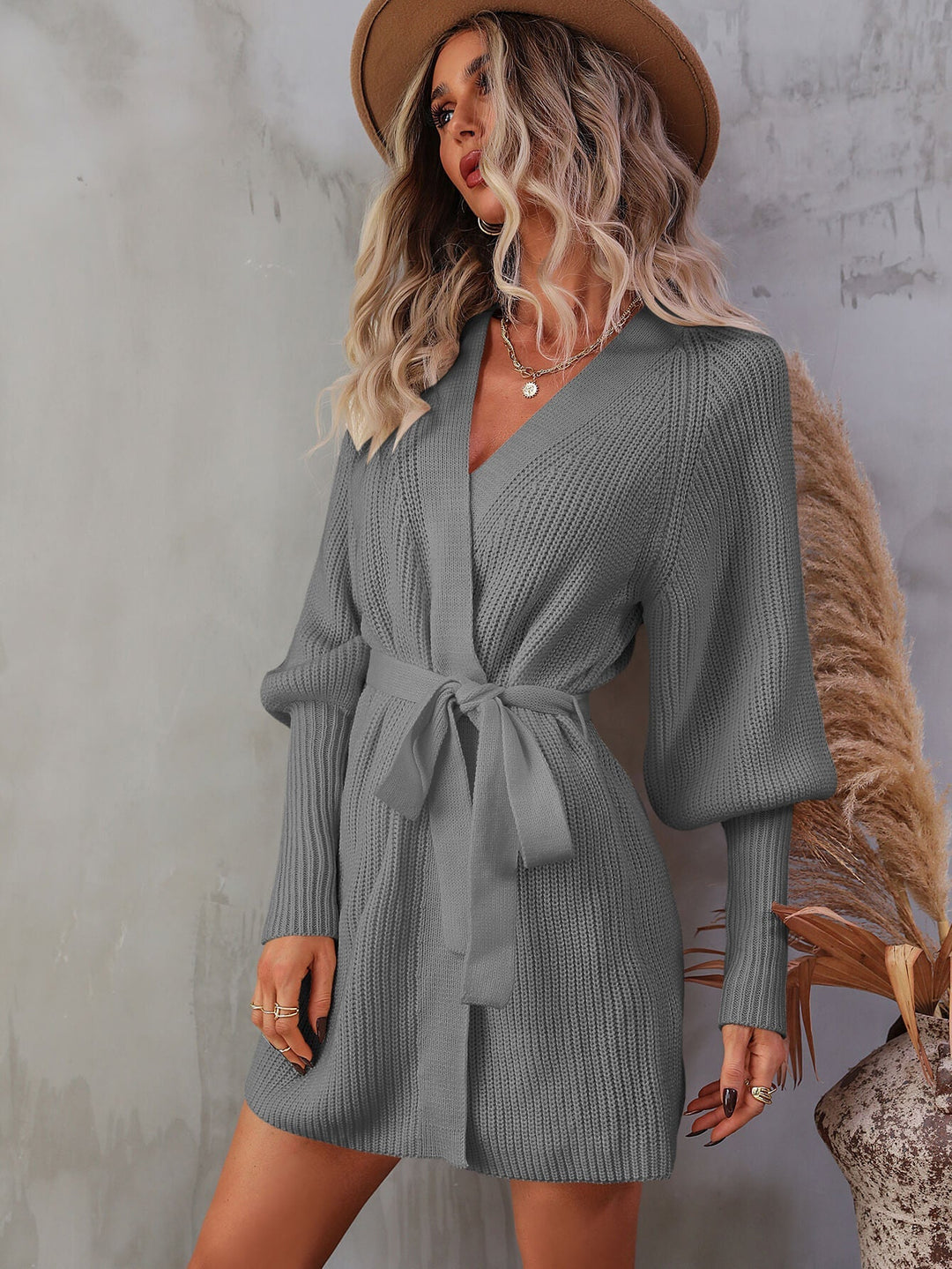 Linett - belted surplice lantern sleeve wrap sweater dress