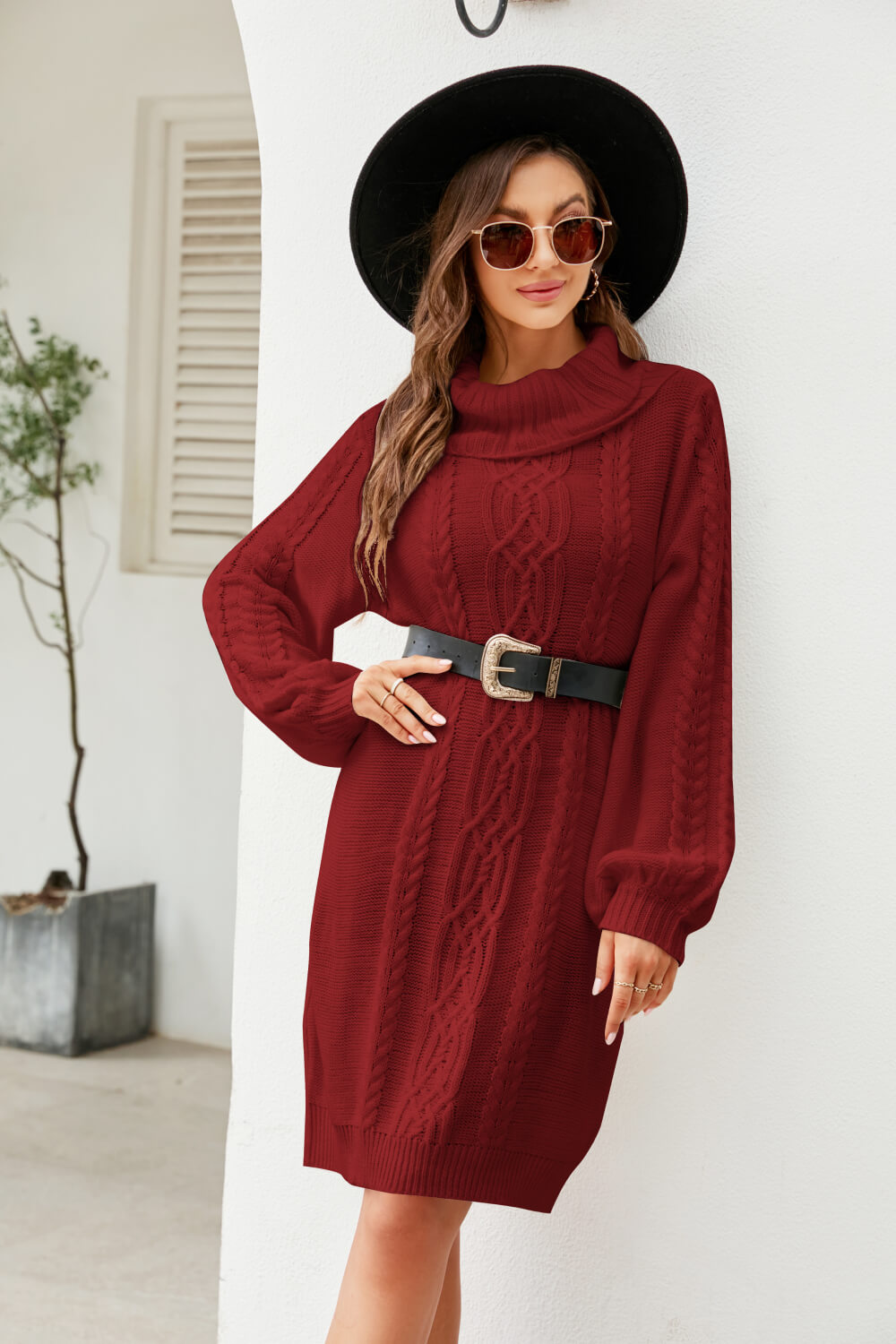 Bianka - mixed knit turtleneck lantern sleeve sweater dress