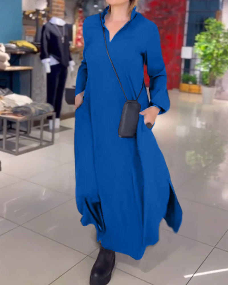 Evia - Long Relaxed Dress with Lapel and Side Slit