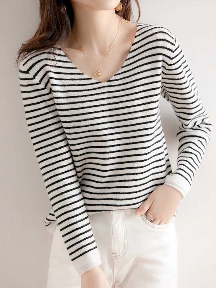 Casual striped women's sweater with v neck