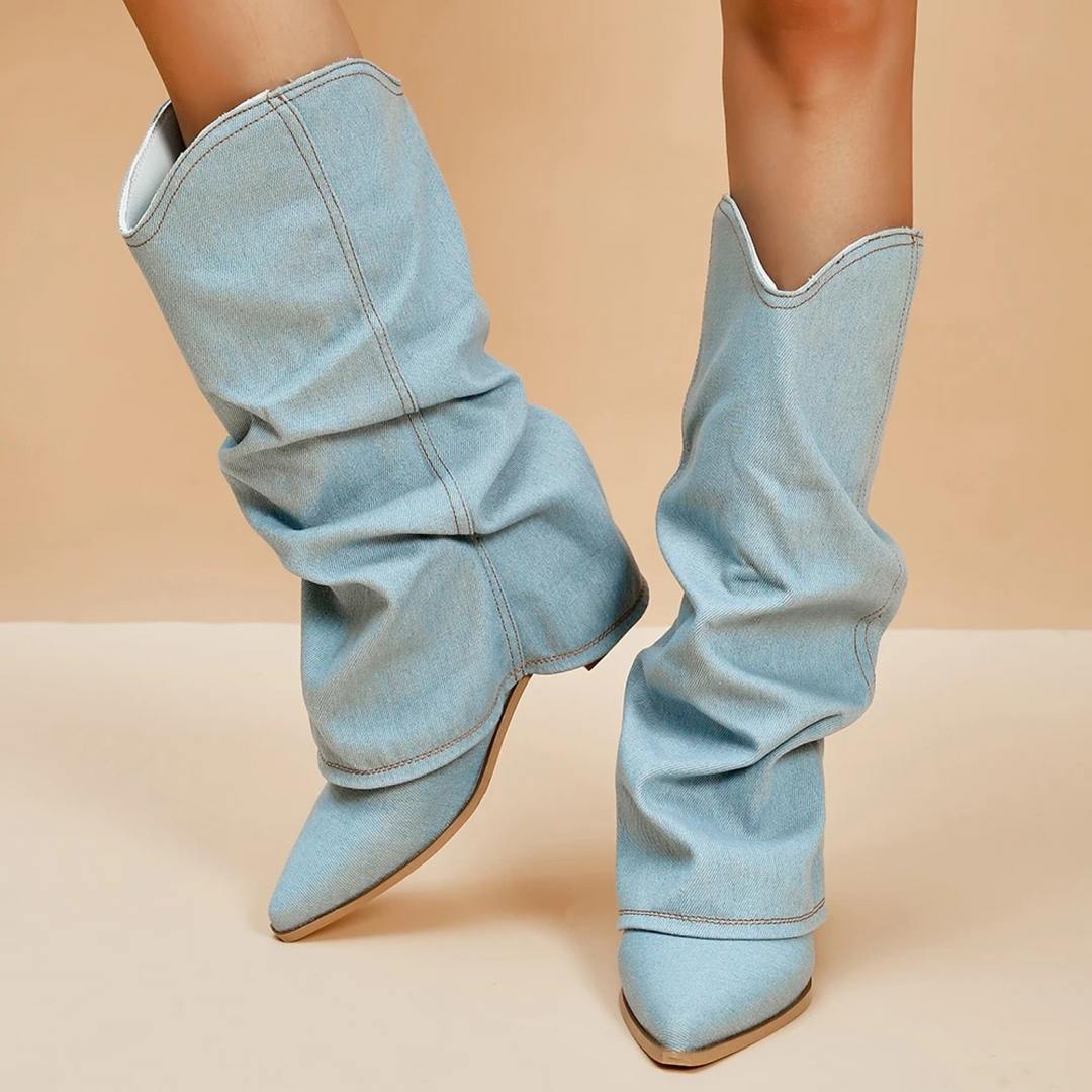 Andrea - Pleated Block Denim Boots