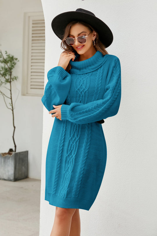 Bianka - mixed knit turtleneck lantern sleeve sweater dress