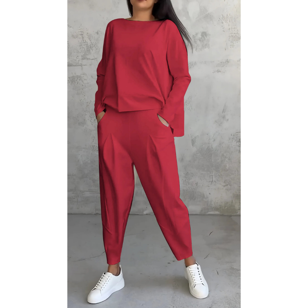 Comfortable women's boatneck long sleeve top and carrot trouser set