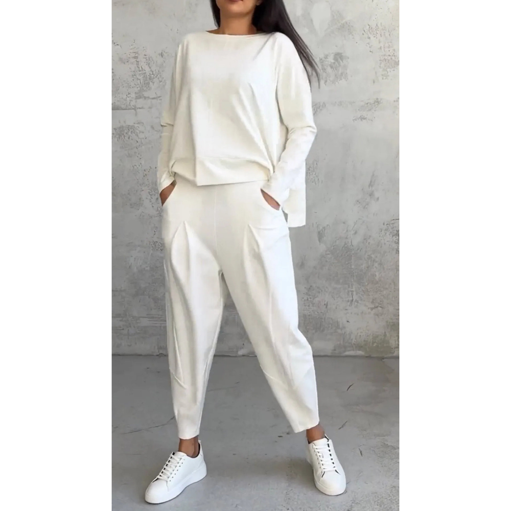 Comfortable women's boatneck long sleeve top and carrot trouser set