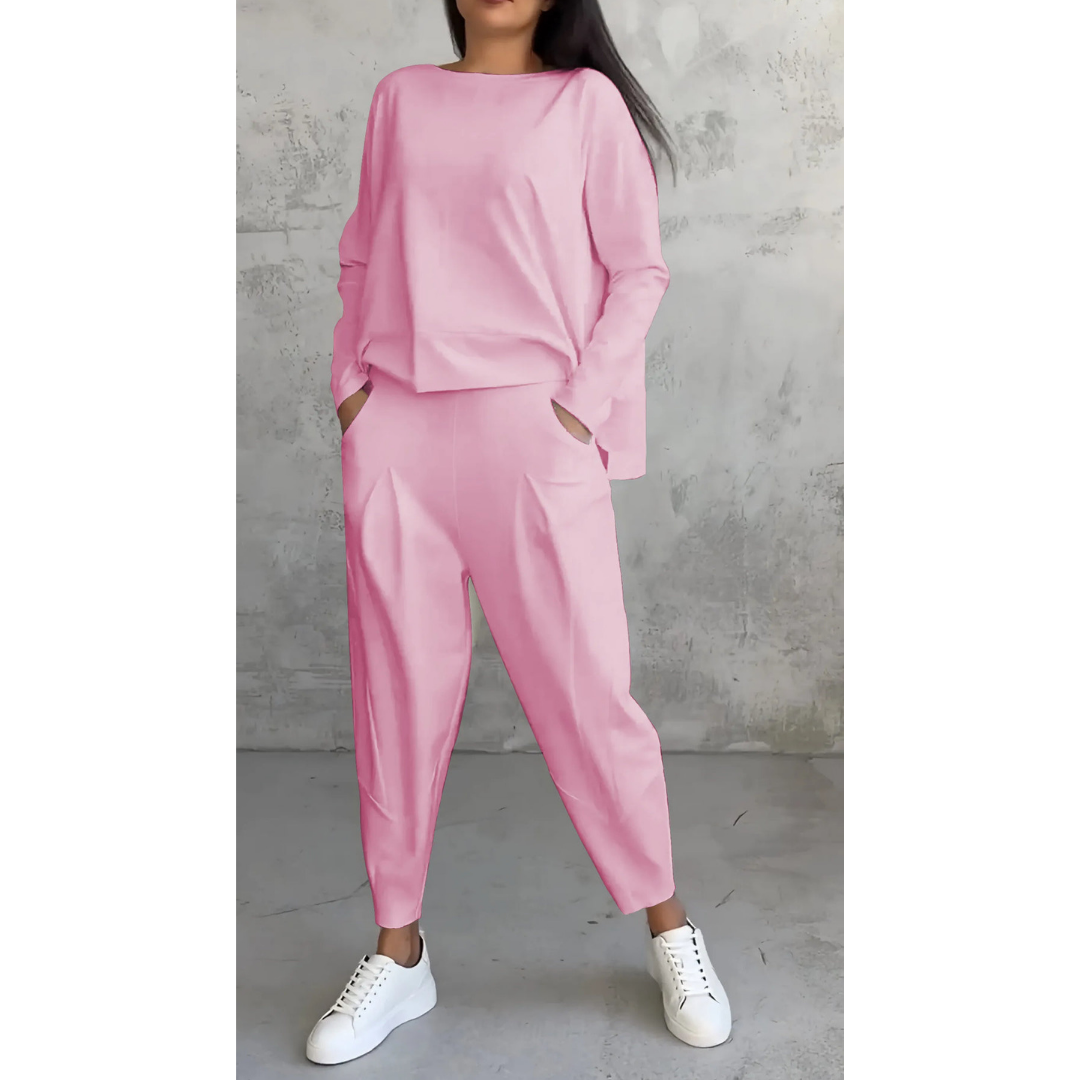 Comfortable women's boatneck long sleeve top and carrot trouser set