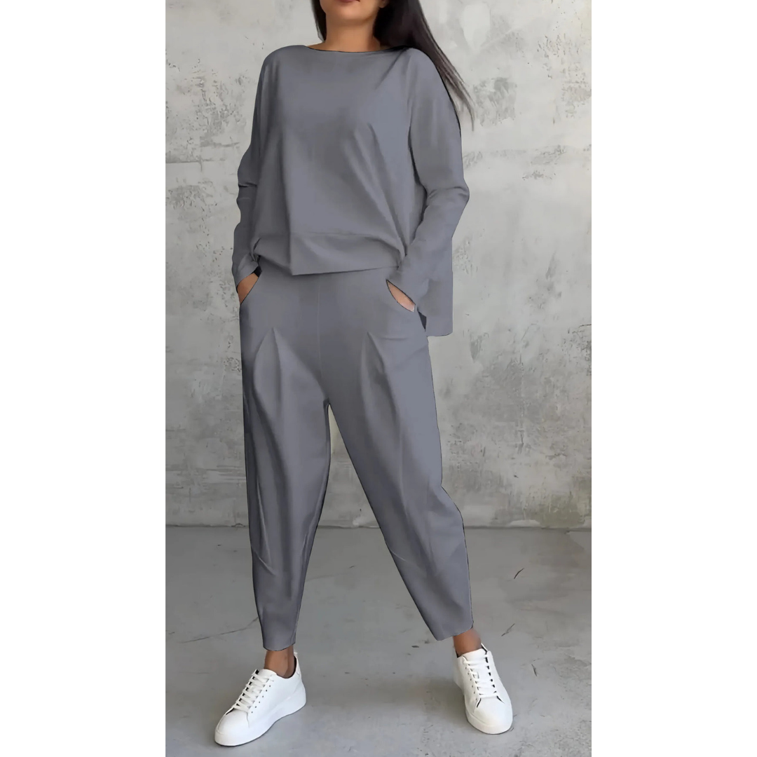 Comfortable women's boatneck long sleeve top and carrot trouser set