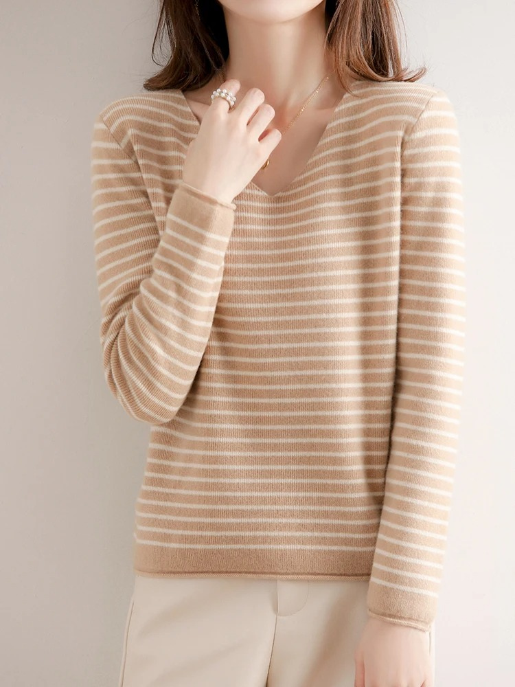 Casual striped women's sweater with v neck