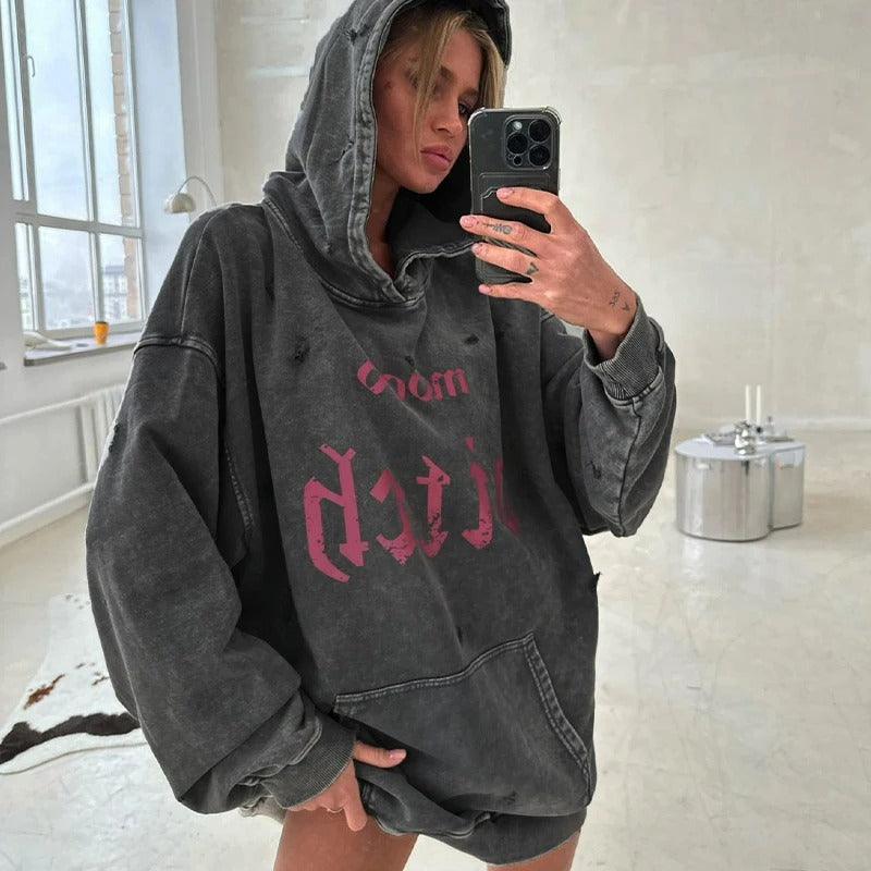 Elle - Oversized loose hoodie with printed text for women