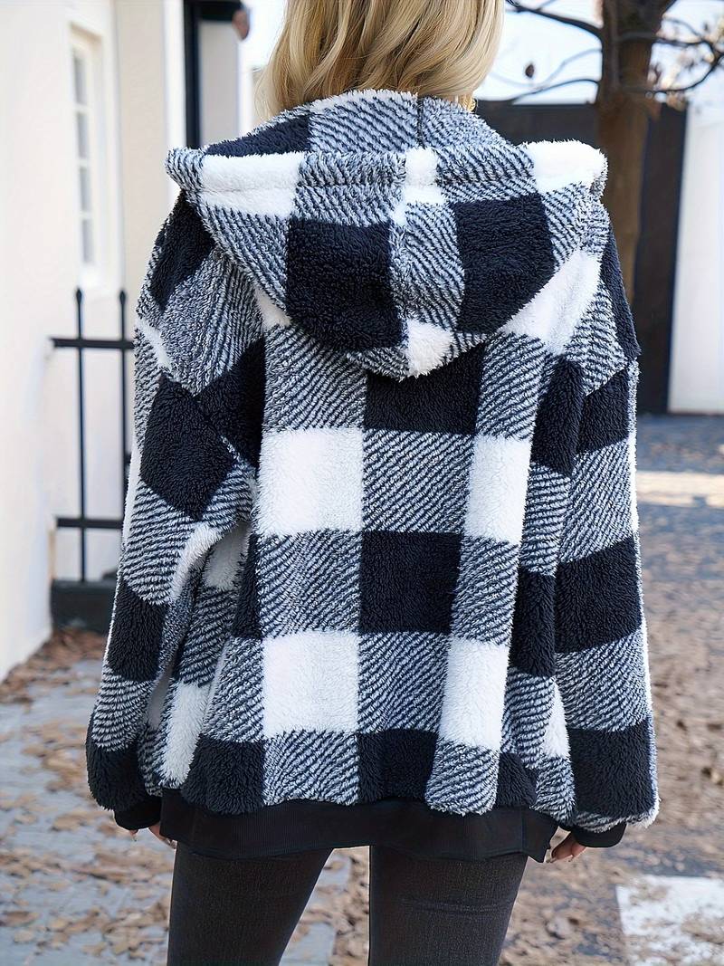 Cute checked teddy hooded jacket with zip closure