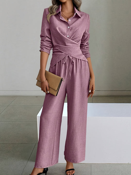 Florence - Women’s Elegant Two-Piece Set - Cross-Tie Waist & Wide-Leg Trousers