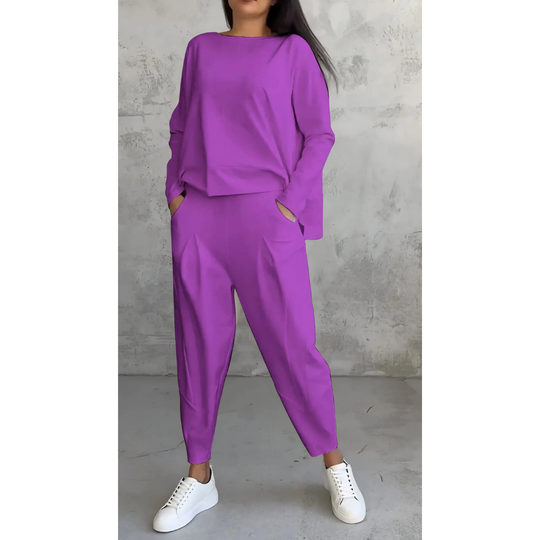 Comfortable women's boatneck long sleeve top and carrot trouser set