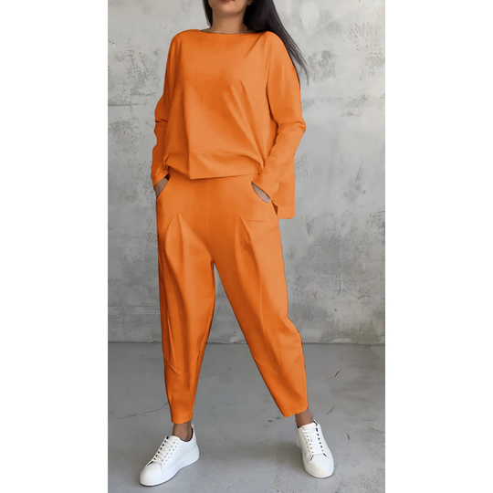 Comfortable women's boatneck long sleeve top and carrot trouser set