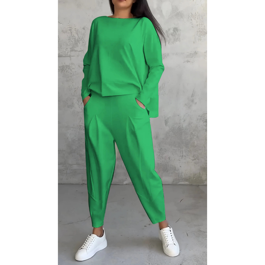 Comfortable women's boatneck long sleeve top and carrot trouser set