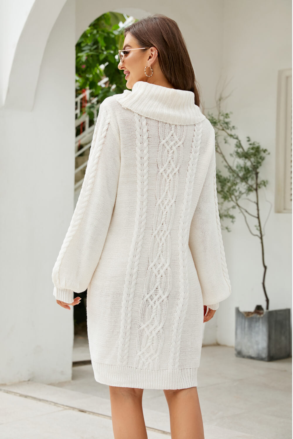 Bianka - mixed knit turtleneck lantern sleeve sweater dress