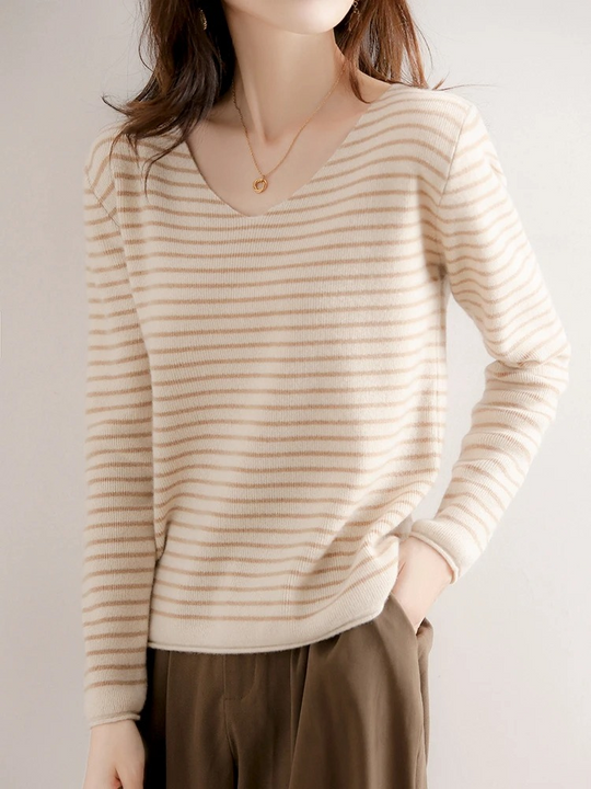 Casual striped women's sweater with v neck