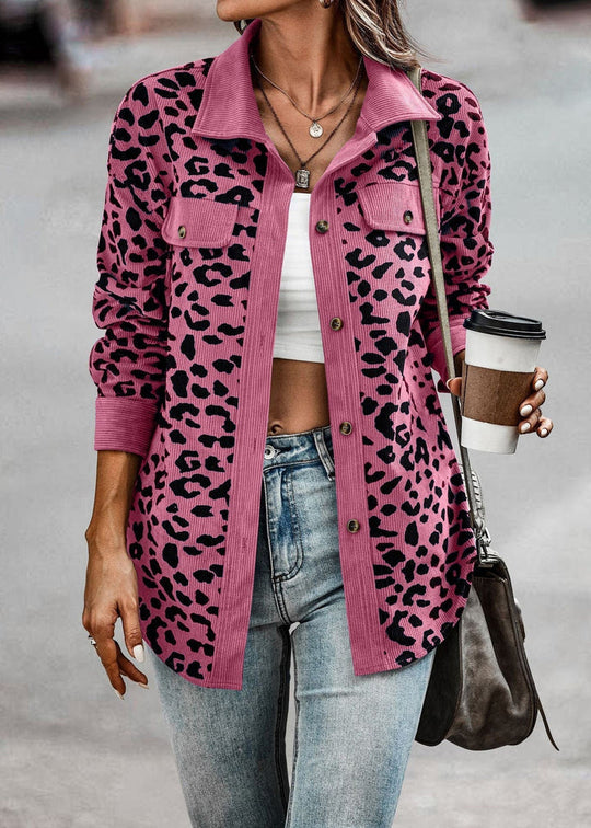 Leopard lapel jacket for women with button closure