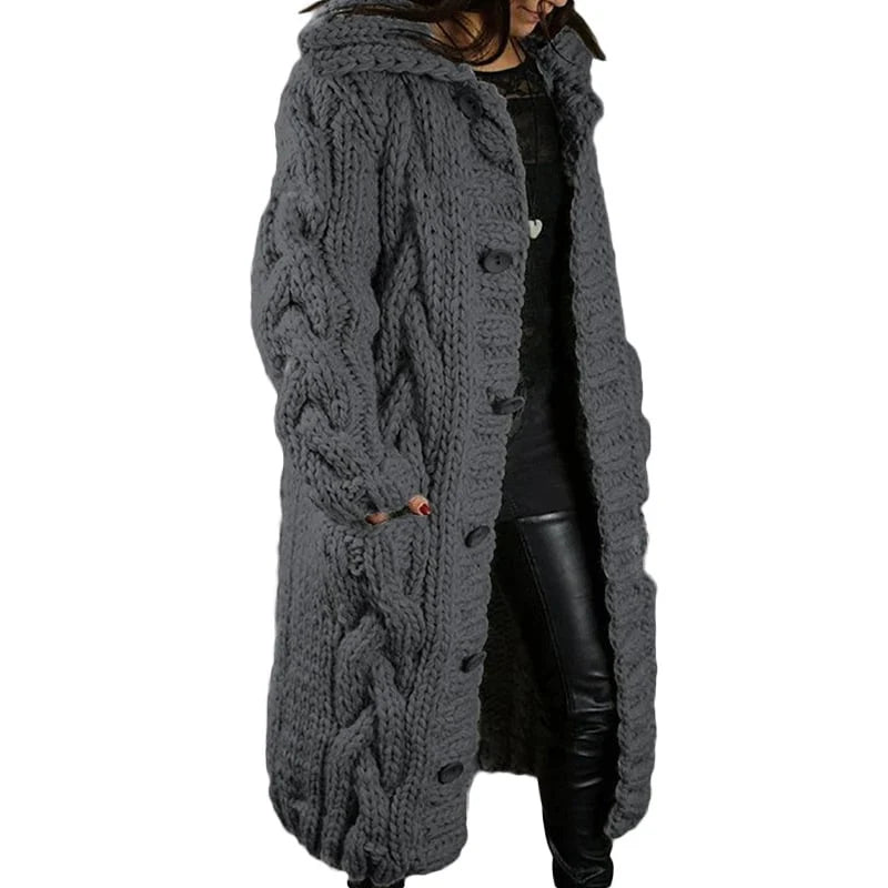 Women's long warm knitted cardigan with button closure