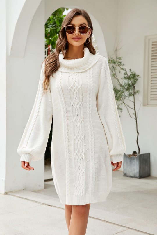 Bianka - mixed knit turtleneck lantern sleeve sweater dress