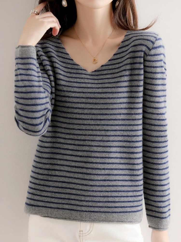 Casual striped women's sweater with v neck