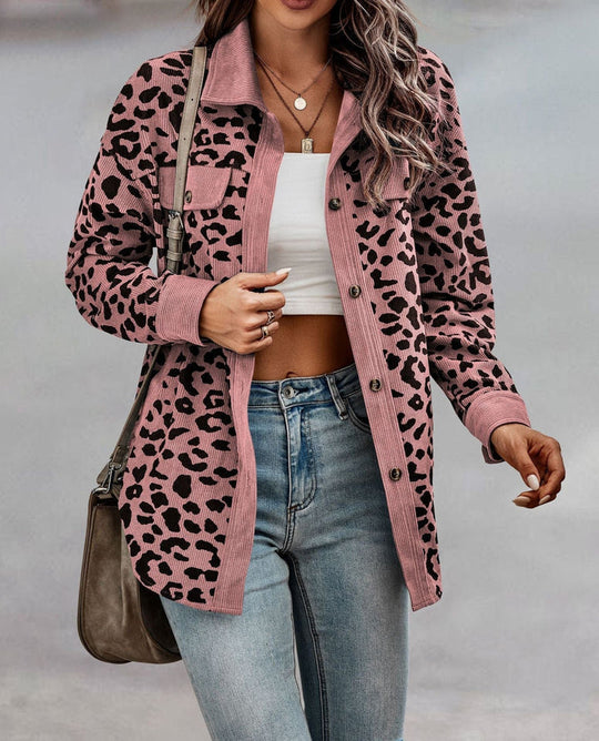 Leopard lapel jacket for women with button closure