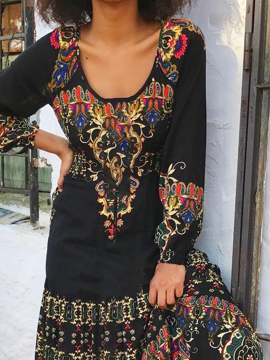 Aza - boho u-neck long sleeve blends knitting dress