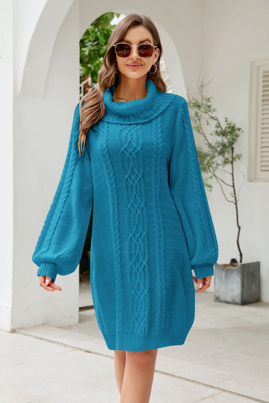 Bianka - mixed knit turtleneck lantern sleeve sweater dress