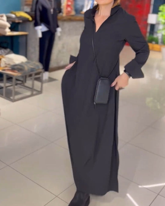 Evia - Long Relaxed Dress with Lapel and Side Slit