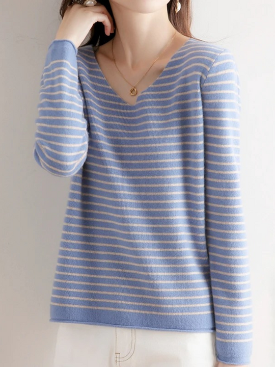 Casual striped women's sweater with v neck