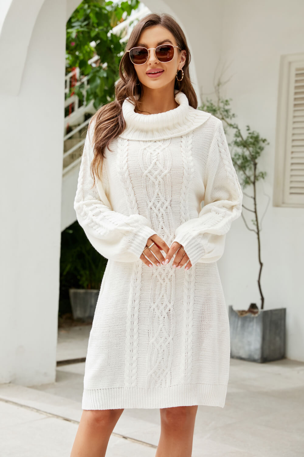 Bianka - mixed knit turtleneck lantern sleeve sweater dress