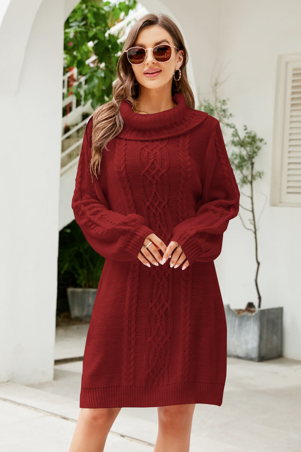 Bianka - mixed knit turtleneck lantern sleeve sweater dress