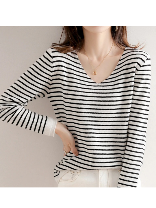 Casual striped women's sweater with v neck