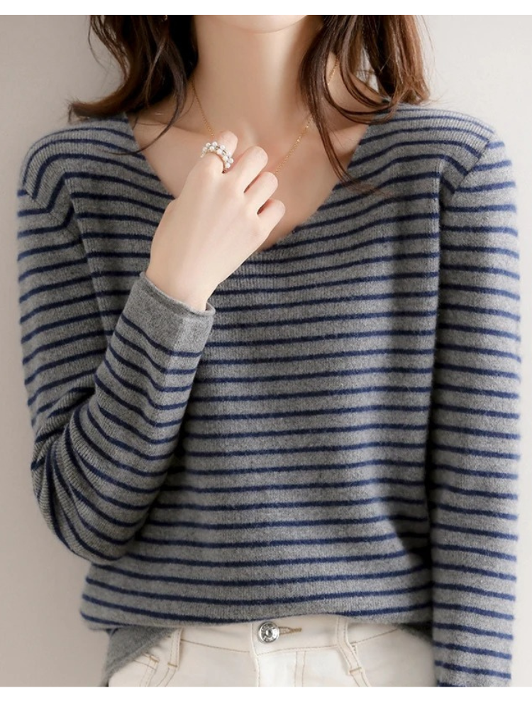 Casual striped women's sweater with v neck